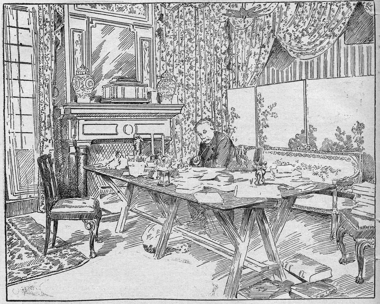 Schrijver Alexandre Dumas Jr. (1824-1895) in zijn werkkamer. Gravure in 
