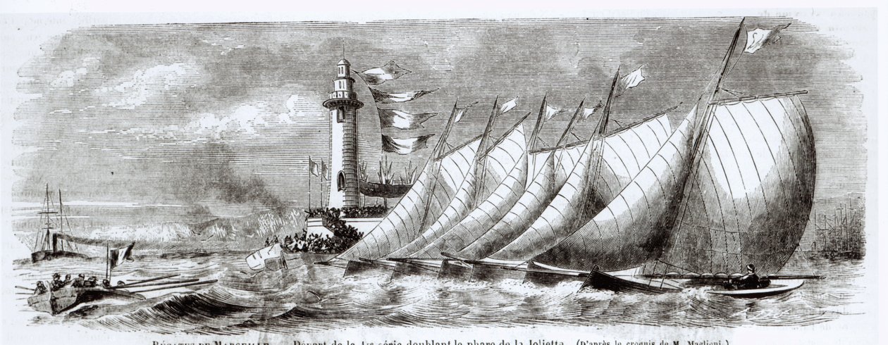 Jachten ronden de Joliette Vuurtoren tijdens de Regatta van 1864 in Marseille, uit Le Monde Illustré door French School