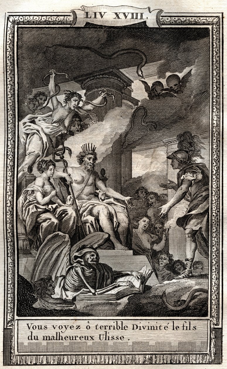 U ziet o verschrikkelijke godheid de zoon van de boze Ulisse - gravure van 1798 door Monnet in 