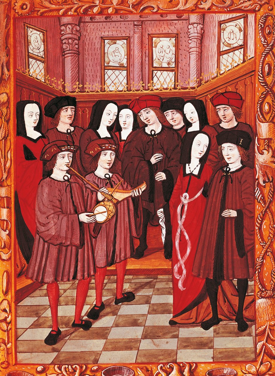 Jong stel luistert naar muzikanten, afbeelding uit een Frans manuscript door French School