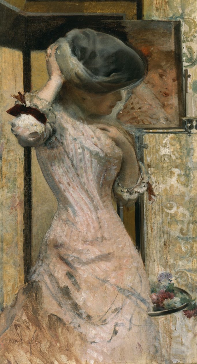 Jonge vrouw voor de spiegel, ca. 1879-83 (olieverf op doek) door French School