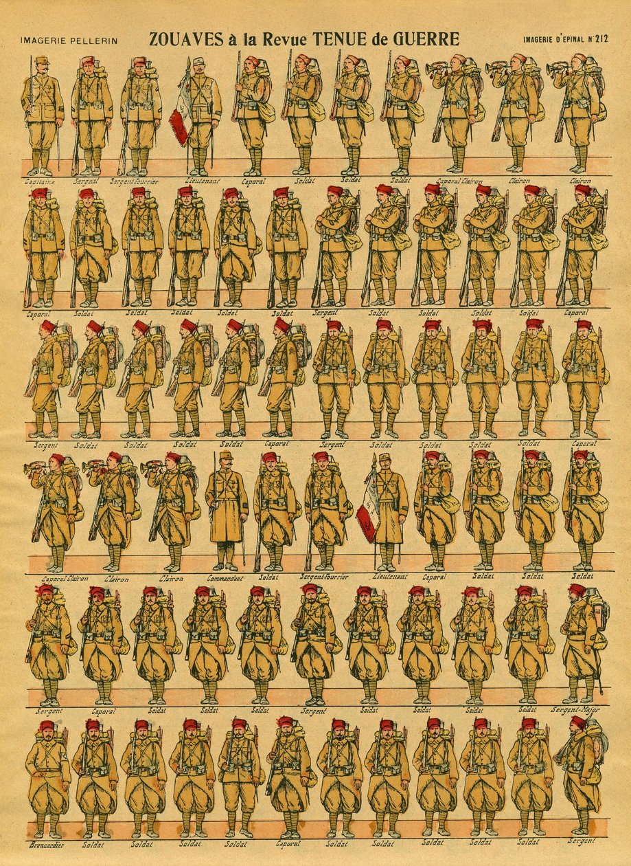 Zouaven, een Franse infanterie-eenheid opgericht in 1830 door generaal Clauzel voor de verovering van Algerije. Epinal beeld door French School