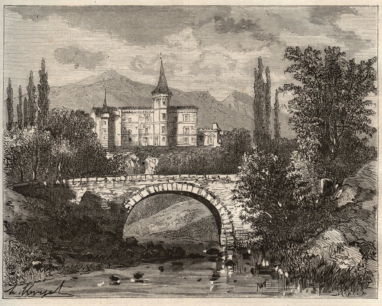 Kasteel van La Rochelambert in de vallei van de Borne Haute-Loire (43) - gravure in 