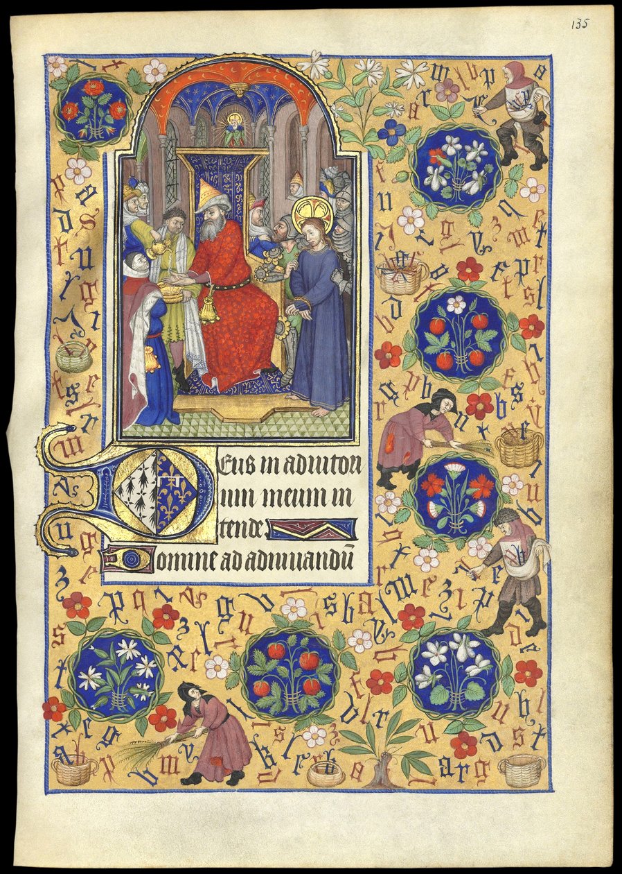 f.135r Miniatuur van Pilatus die zijn handen wast van het lot van Jezus, uit 