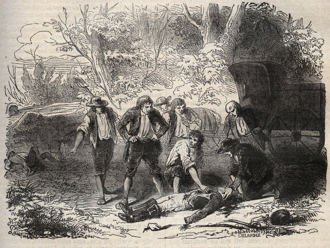 de Lyon postkoets affaire - Affaire du courrier de Lyon - de postkoets wordt aangevallen in Seine et Marne door 5 individuen op 28 april 1796 - Gravure in 