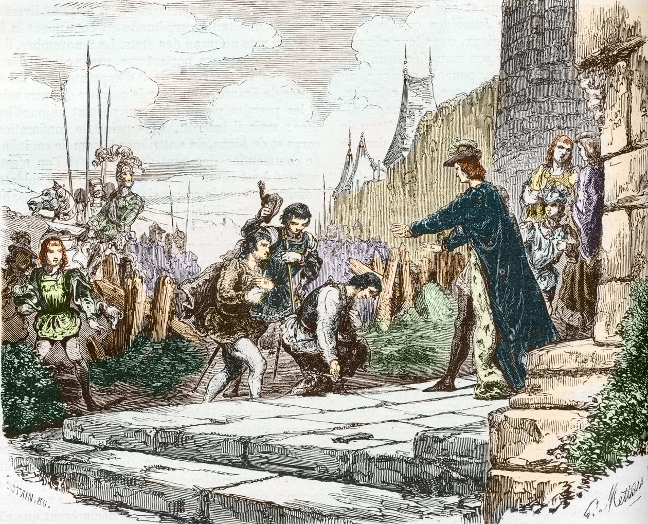 de dolfijn Lodewijk (toen Lodewijk XI), de hertog Jan II van Alençon en de hertog Karel I van Bourbon vragen vergiffenis aan koning Karel VII door French School
