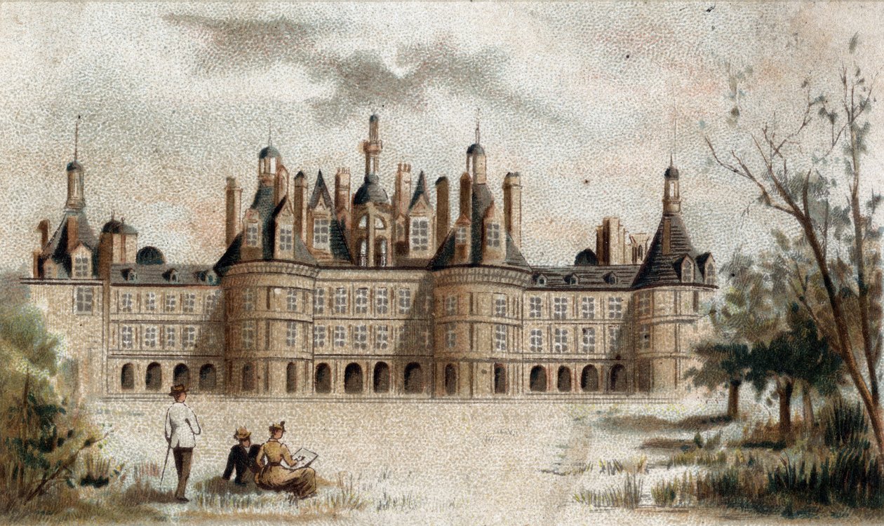 Uitzicht op het kasteel van Chambord (Loir et Cher) door French School