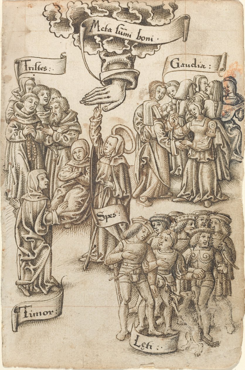 Hoop, Reikend naar de Hemel, Staat tussen Verdrietige en Blije Mannen, Vreugde en Angst [fol. 19 recto] door French early 16th Century