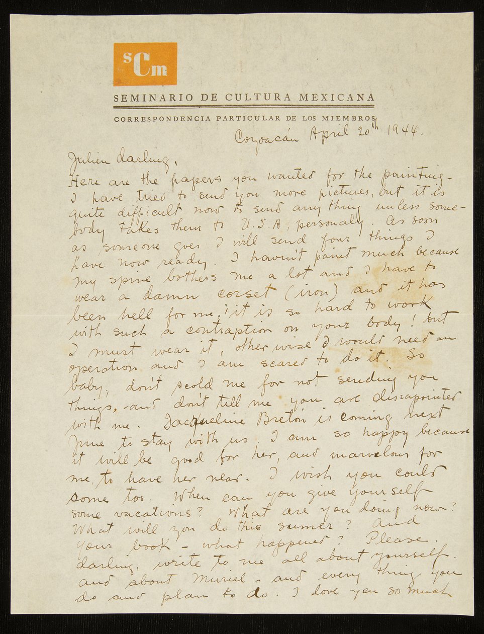 Brief van Frida Kahlo aan Julien Levy, in het Engels, 20 april 1944 (pen en inkt op papier) door Frida Kahlo