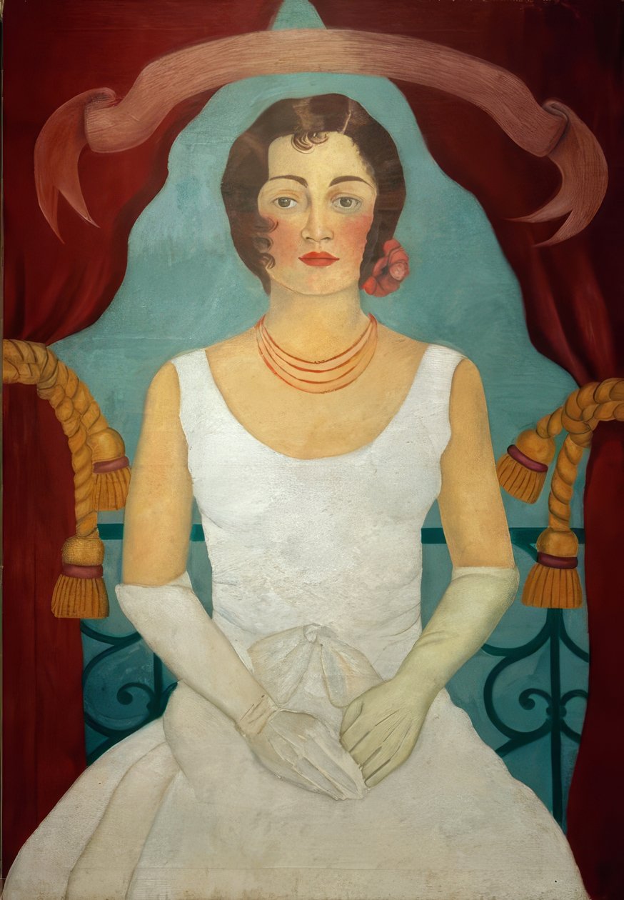 Portret van een dame in een witte jurk door Frida Kahlo