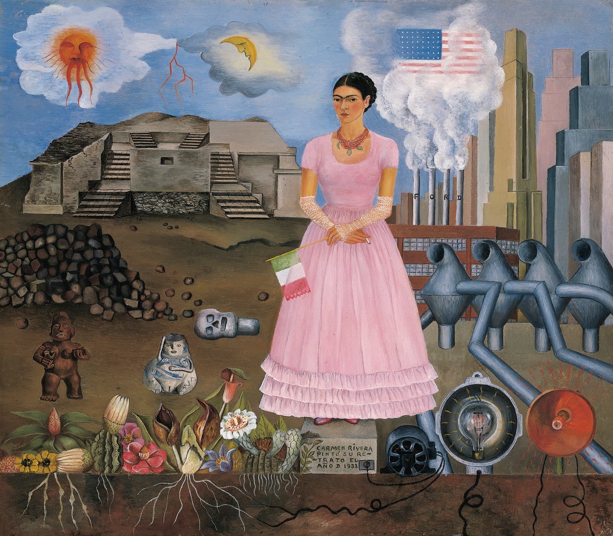Zelfportret op de grens tussen Mexico en de Verenigde Staten door Frida Kahlo