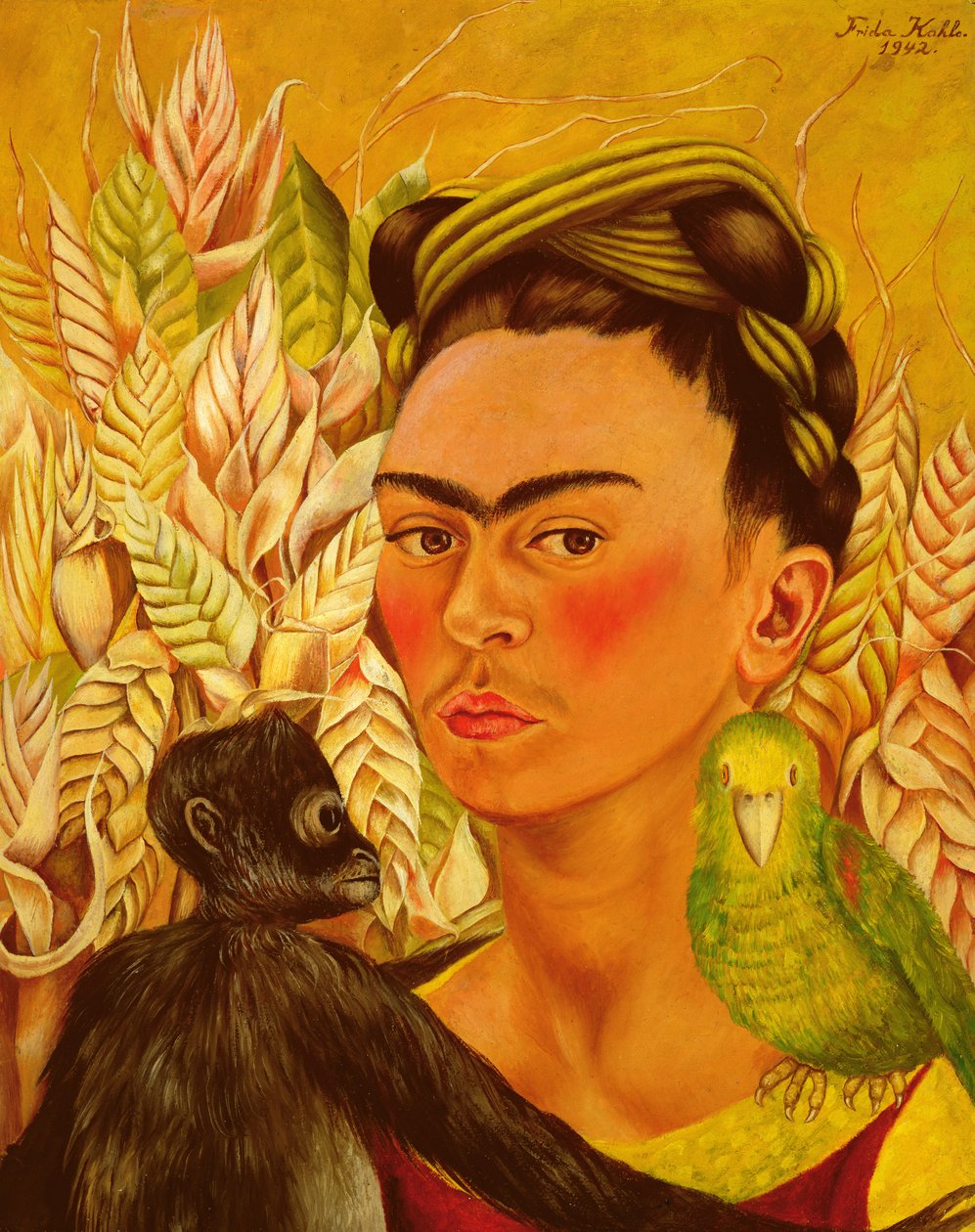 Zelfportret met aap en papegaai door Frida Kahlo