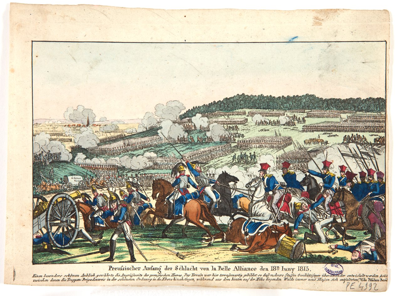 Het Begin van de Slag bij Waterloo, de Pruisische kant, 18 juni 1815 door Friedrich Campe