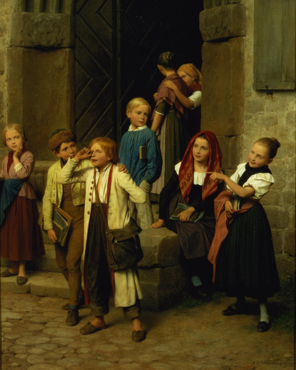 Schoolkinderen kijken naar een huilende jongen, 1861 door Friedrich Edouard Meyerheim