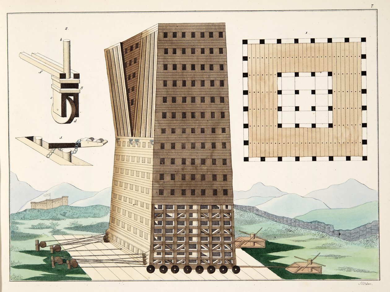 Toren van Demetrius Poliorcetes (336-283 v.Chr.) tijdens het Beleg van Rhodos in 305 v.Chr., plaat uit 