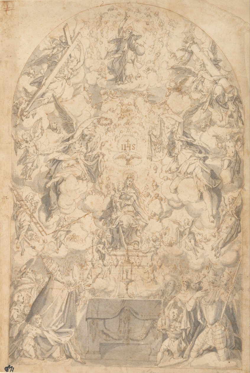 Madonna en kind met engelen die symbolen van de passie dragen door Friedrich Sustris