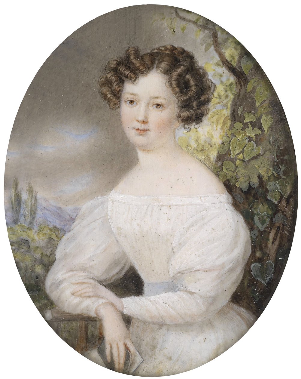 Portret van een jonge vrouw in een witte jurk, zittend in een landschap door Friedrich Wailand