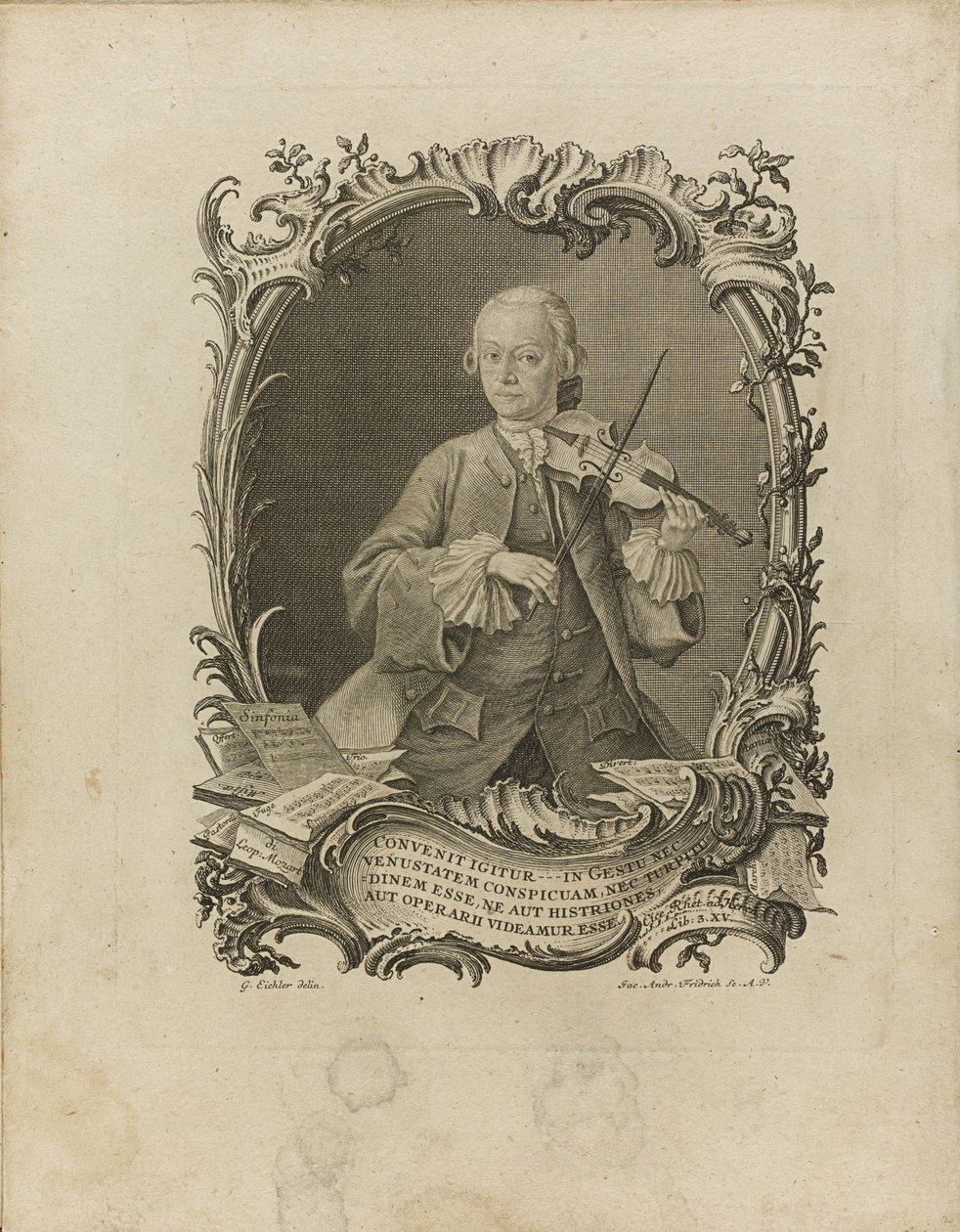 Leopold Mozart. Frontispice van de Versuch einer gründlichen Violinschule, 1756 door Friedrich