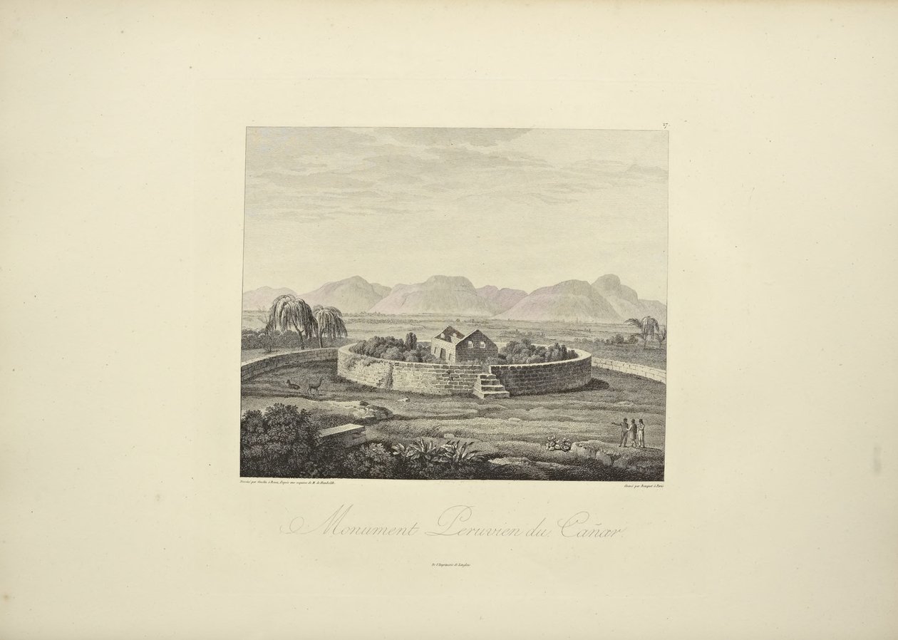 Peruviaans monument van Canar, getekend door Gmelin, gegraveerd door Bouquet, illustratie uit 
