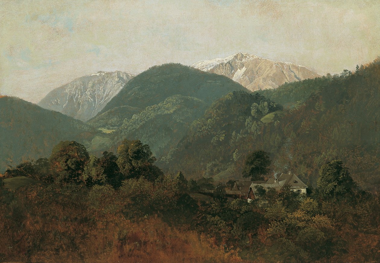 Uitzicht van Scheuchenstein naar Gauermannhof met Schneeberg op de achtergrond door Friedrich August Mathias Gauermann