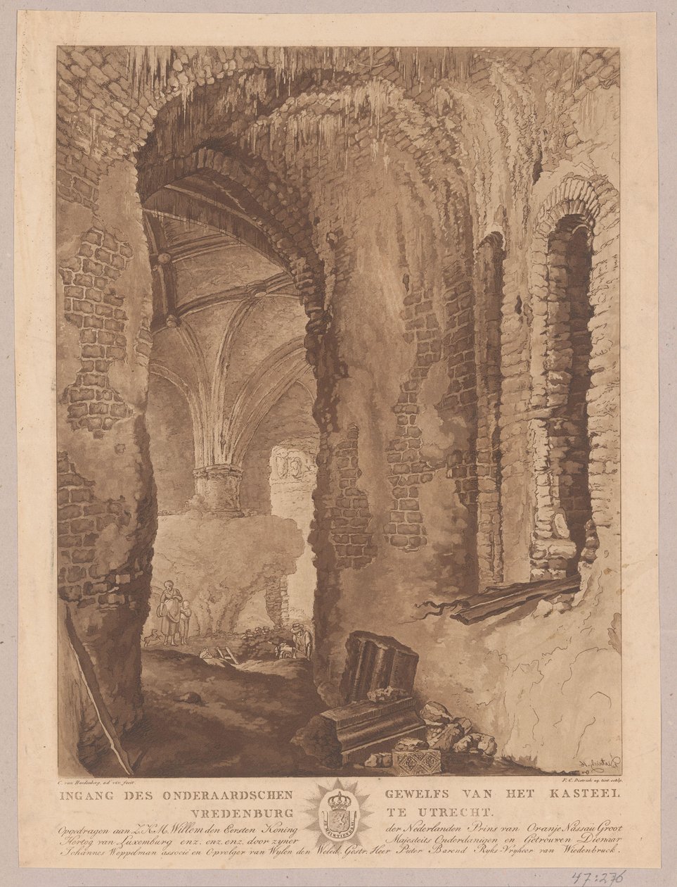 Gezicht op het onderaards gewelf van kasteel Vredenburg in Utrecht door Friedrich Christoph Dietrich