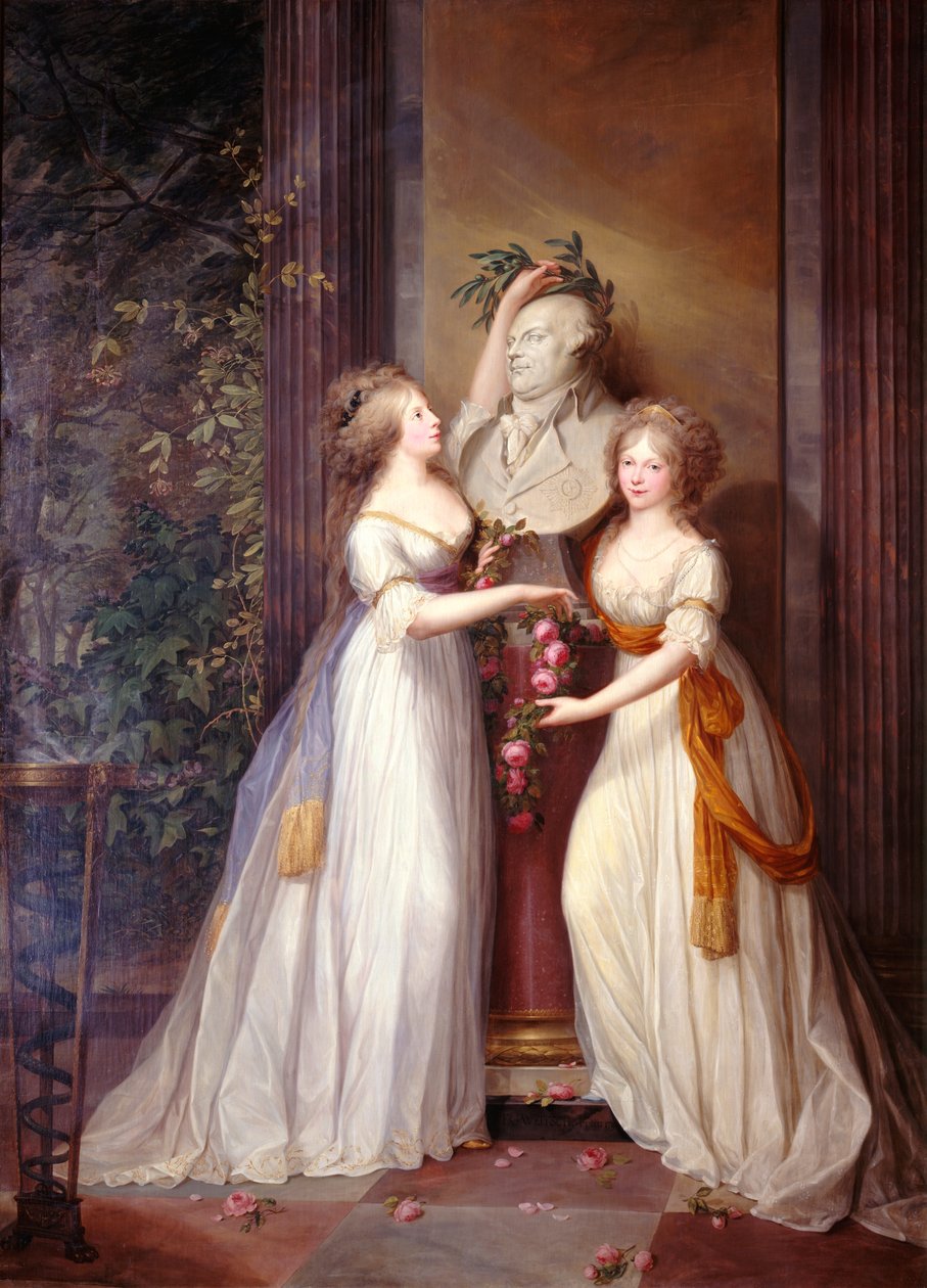 Luise en Friederike bij de buste van Friedrich Wilhelm II door Friedrich Georg Weitsch