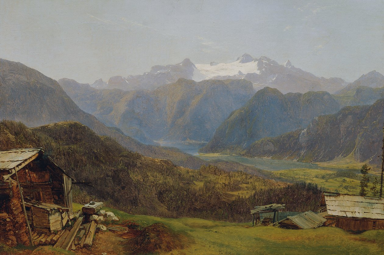Uitzicht vanaf de Hütteneckalm op het Hallstätter Meer en de Dachstein door Friedrich Loos