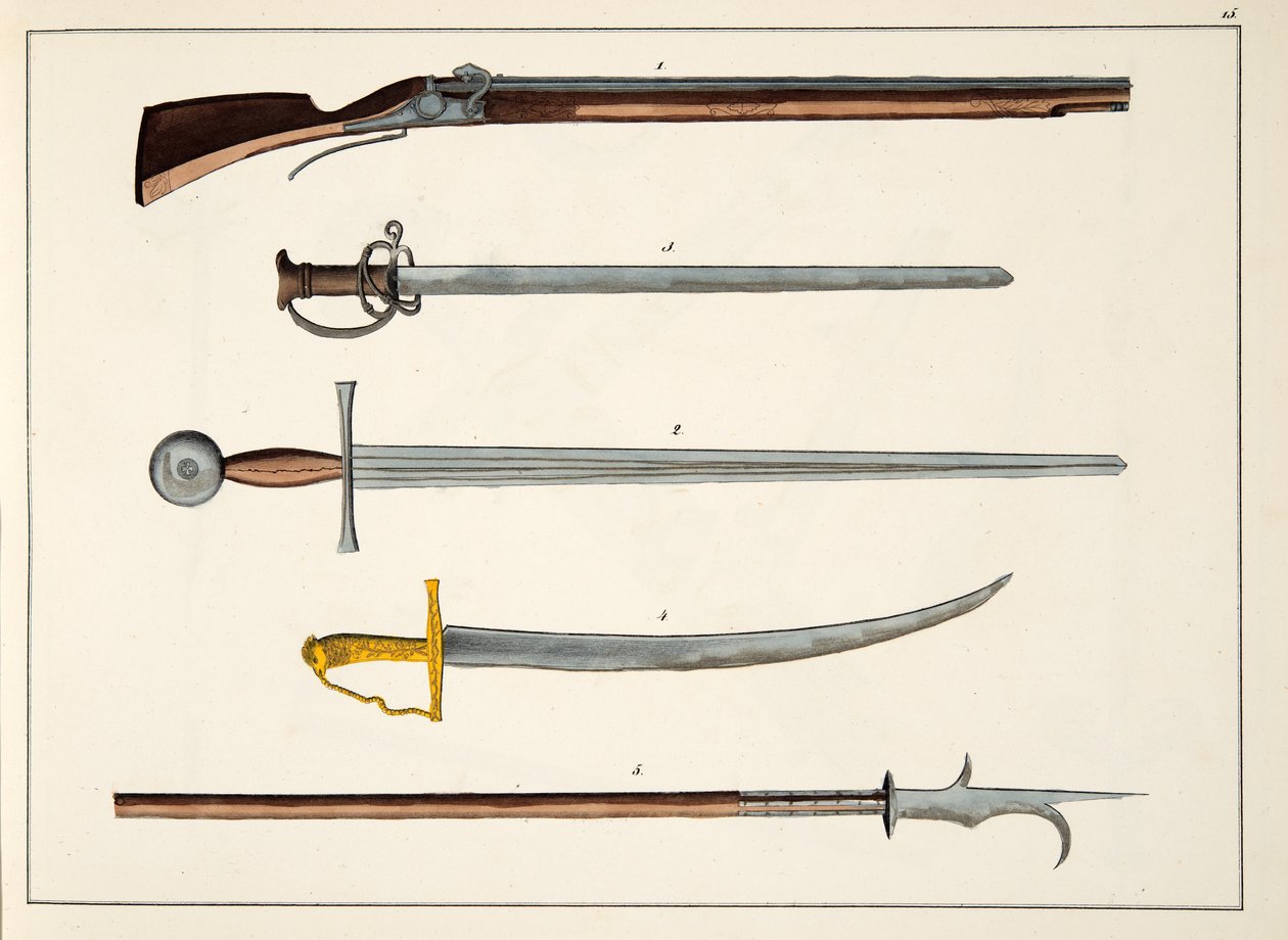 Wapens inclusief zwaarden en speren, ca. 1400, plaat uit A History of the Development and Customs of Chivalry, door Dr. Franz Kottenkamp, uitgegeven door Carl Hoffmann, 1842 door Friedrich Martin von Reibisch