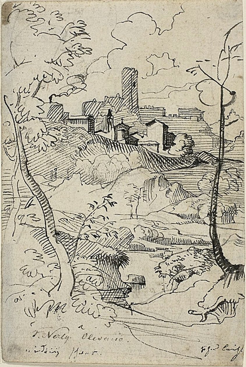 Italiaanse stad met rivier (recto); stadsgezicht (verso) door Friedrich Nerly
