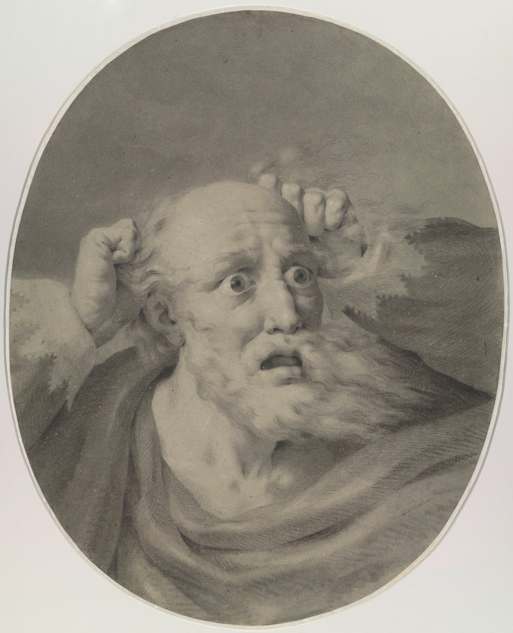 Oude man met baard, die zijn haar in de war maakt door Friedrich Rehberg