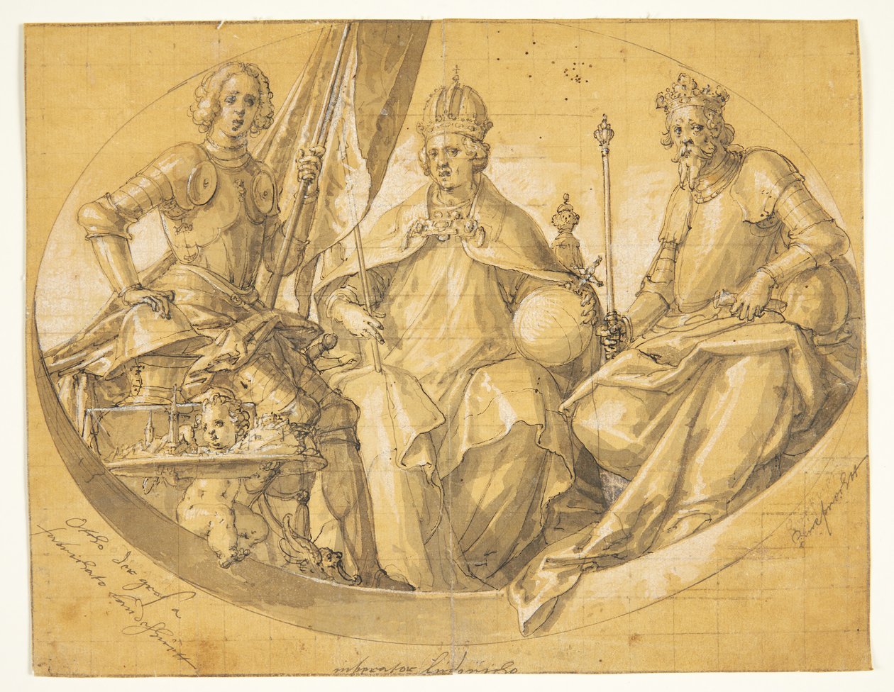 Ontwerp voor een ovaal plafondschilderij(?) voorstellende de koningen Otto de Grote (912-973), Lodewijk de Rijke (1417-1479) en Ruprecht (1352-1410) door Friedrich Sustris