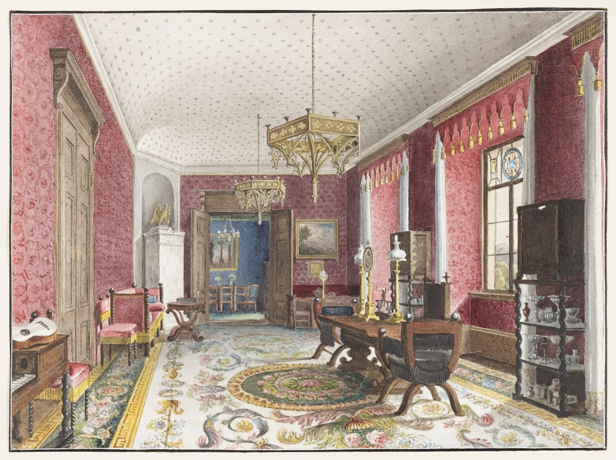 De rode kamer, Schloss Fischbach, ca. 1846 door Friedrich Wilhelm Klose
