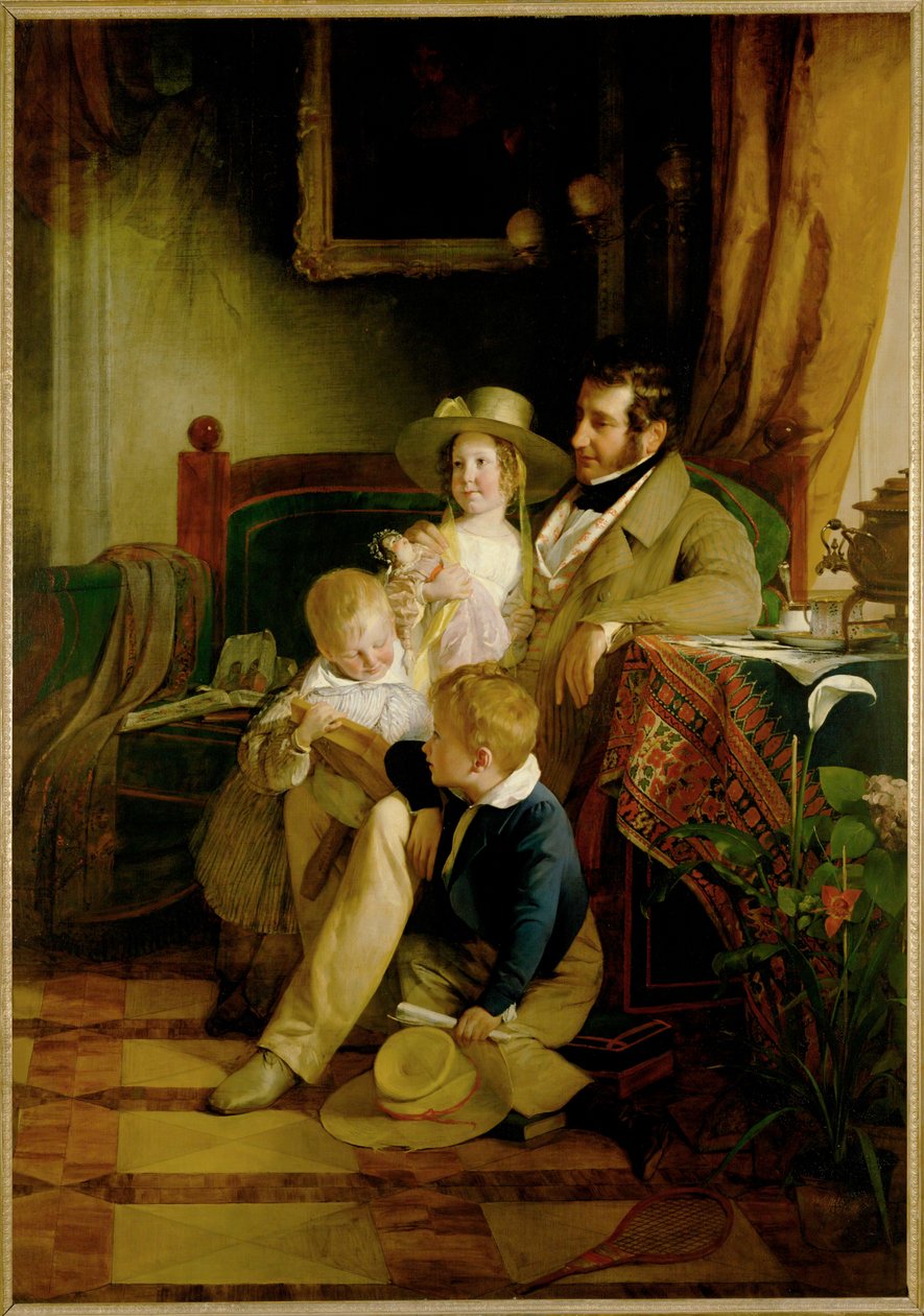Rudolf von Arthaber en zijn kinderen Rudolf Emilie en Gustav, kijken naar de foto van hun overleden vrouw en moeder ... (schilderij op doek) door Friedrich von Amerling