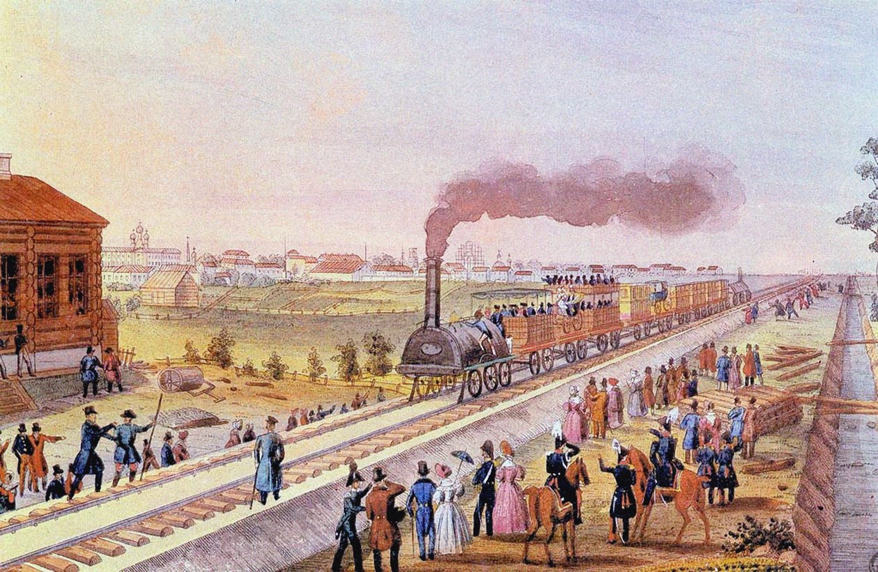 Aankomst van de eerste trein van Sint-Petersburg naar Tsarskoye Selo op 30 oktober 1837, 1837 door Friedrich von Martens
