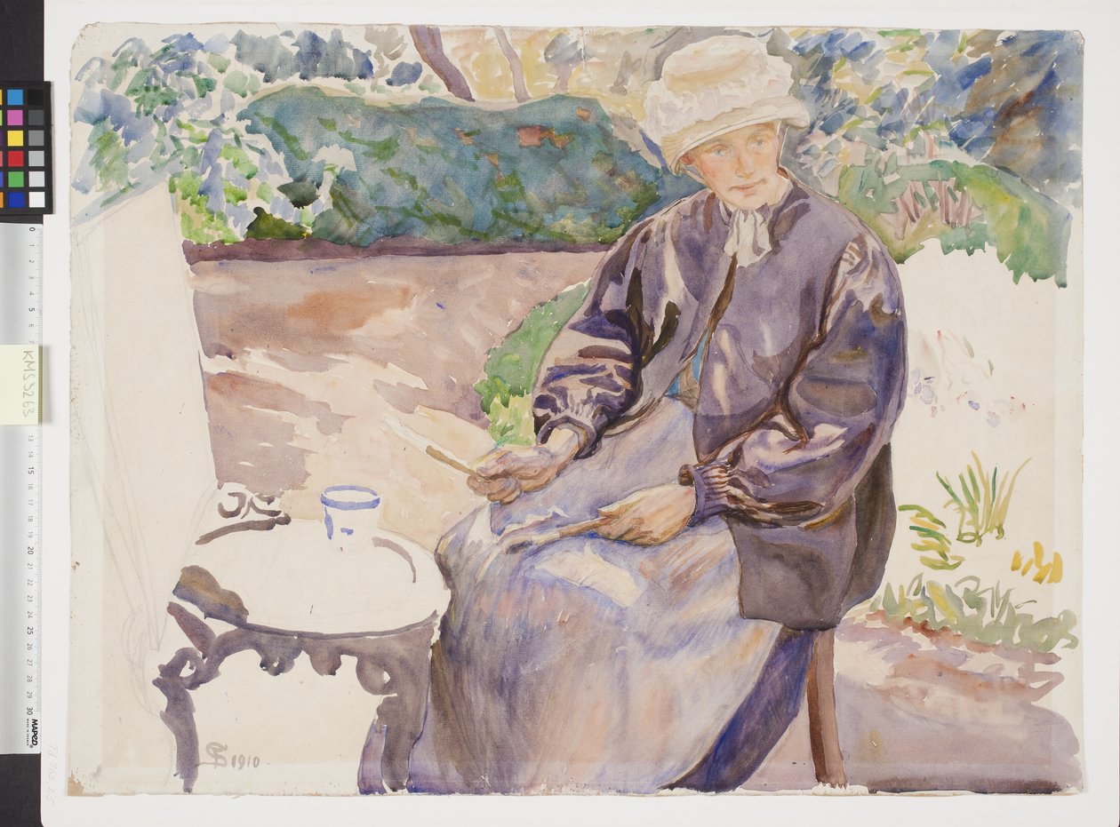 De vrouw van de kunstenaar, schilderes Anna Syberg, in de tuin van de smid door Fritz Syberg