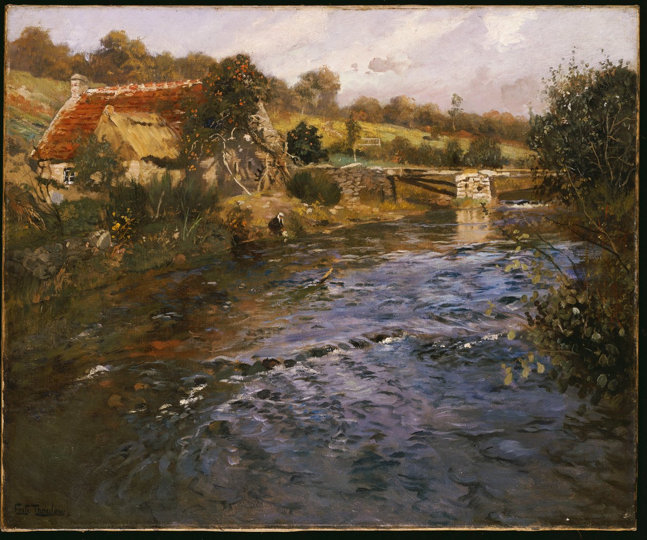 Rivierlandschap met een wasvrouw door Frits Thaulow