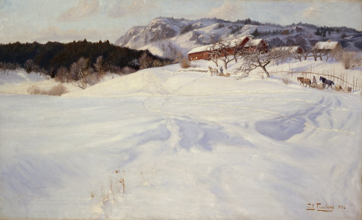 Sneeuwtafereel met slee, Fleskum door Fritz Thaulow