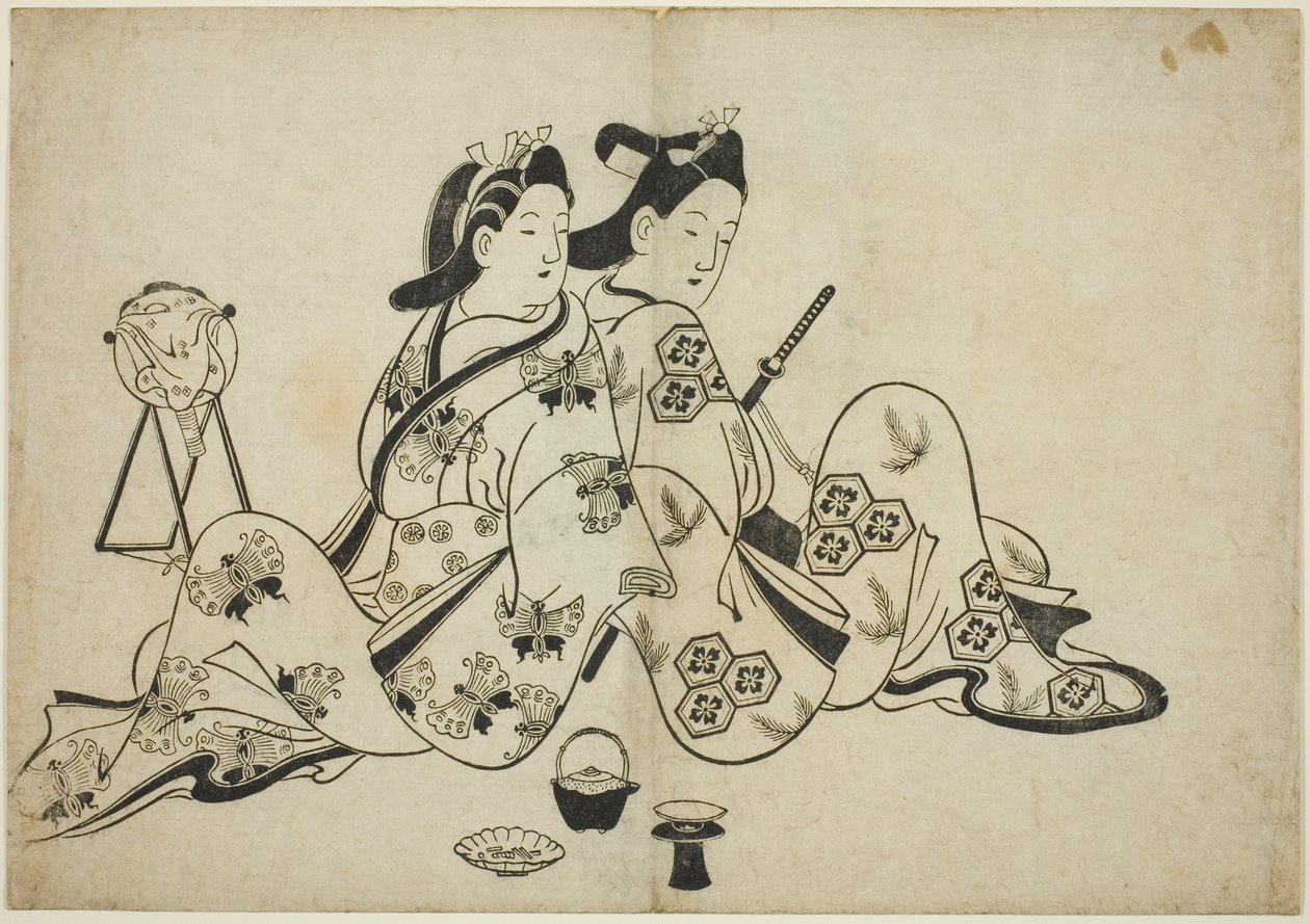 Rug aan rug, uit een serie van 12 prenten door Furuyama Moroshige