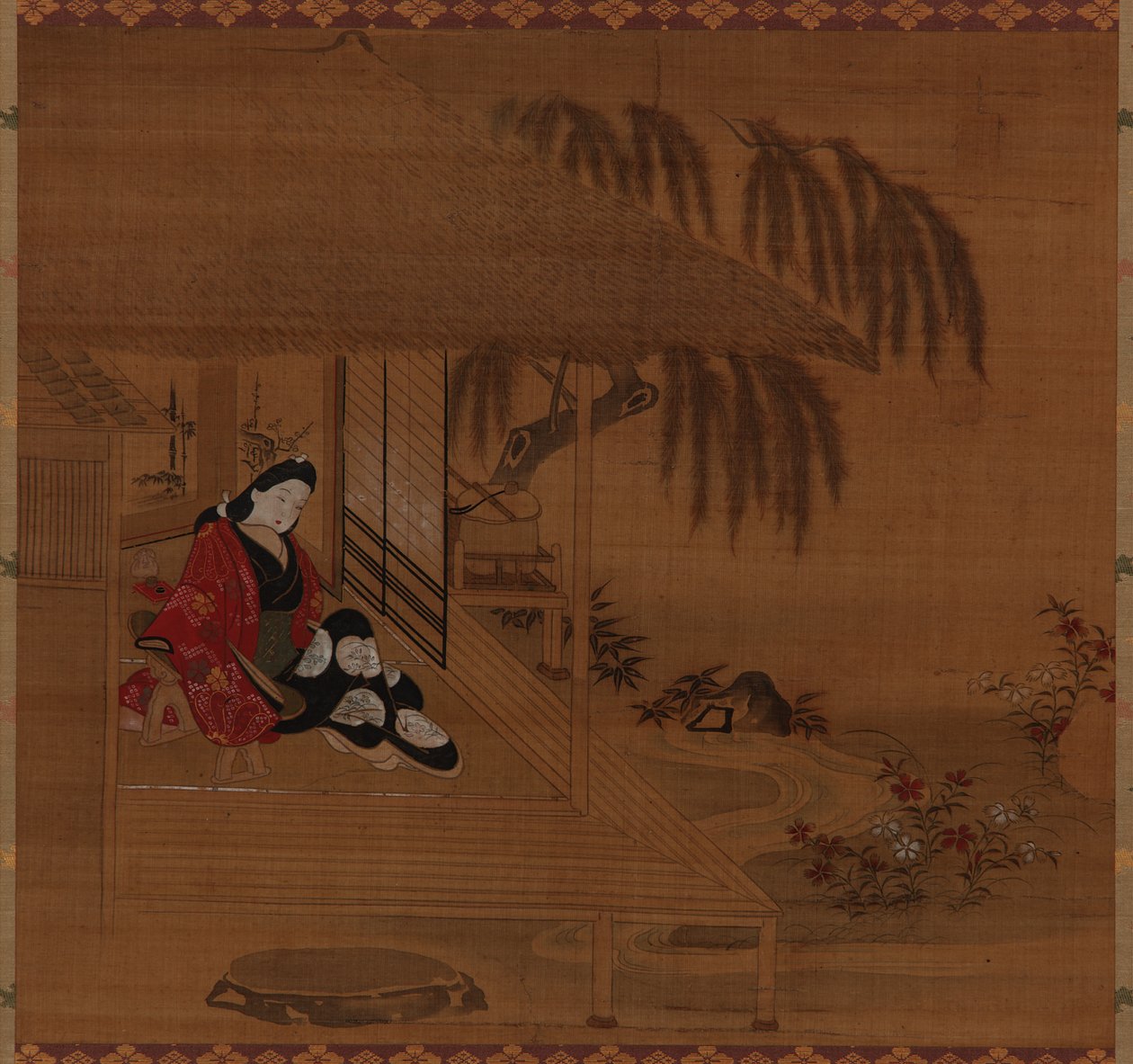 Tuin, interieur en zittend meisje, Edo-periode, 1615-1868 door Furuyama Moroshige