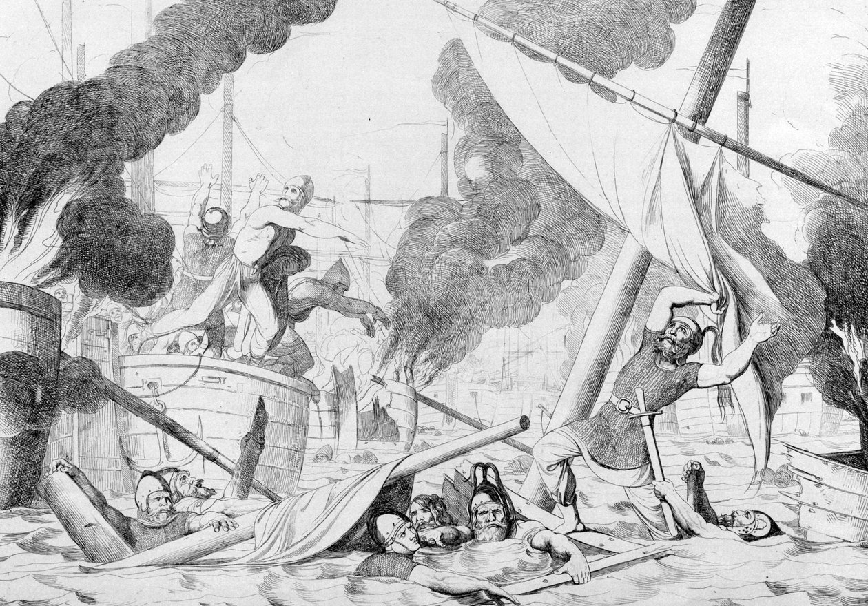 Grieks vuur tijdens het Beleg van Constantinopel, voor 1839 door Fyodor Antonovich Bruni