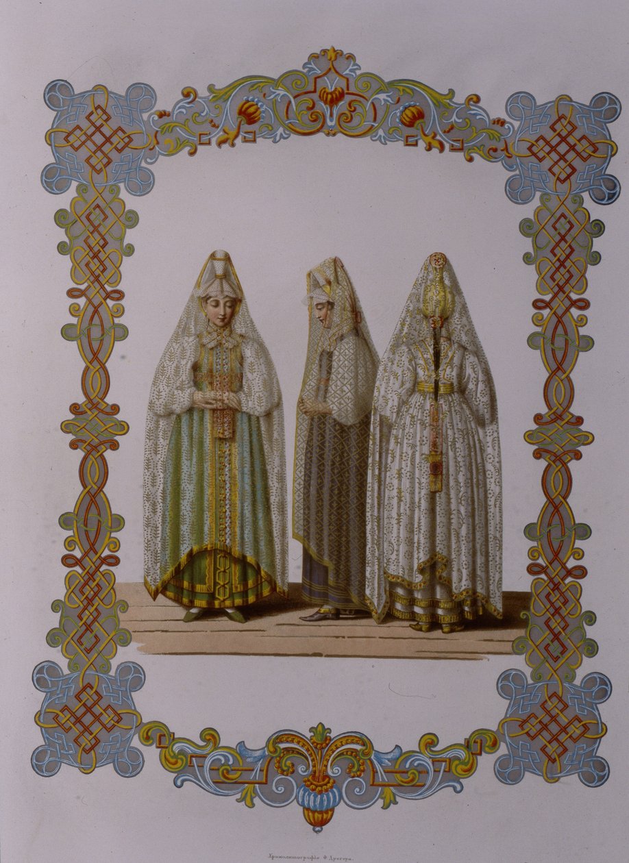 Kostuums van meisjes uit Torzhok uit de serie Kleding van de Russische staat, 1851 door Fyodor Grigoryevich Solntsev