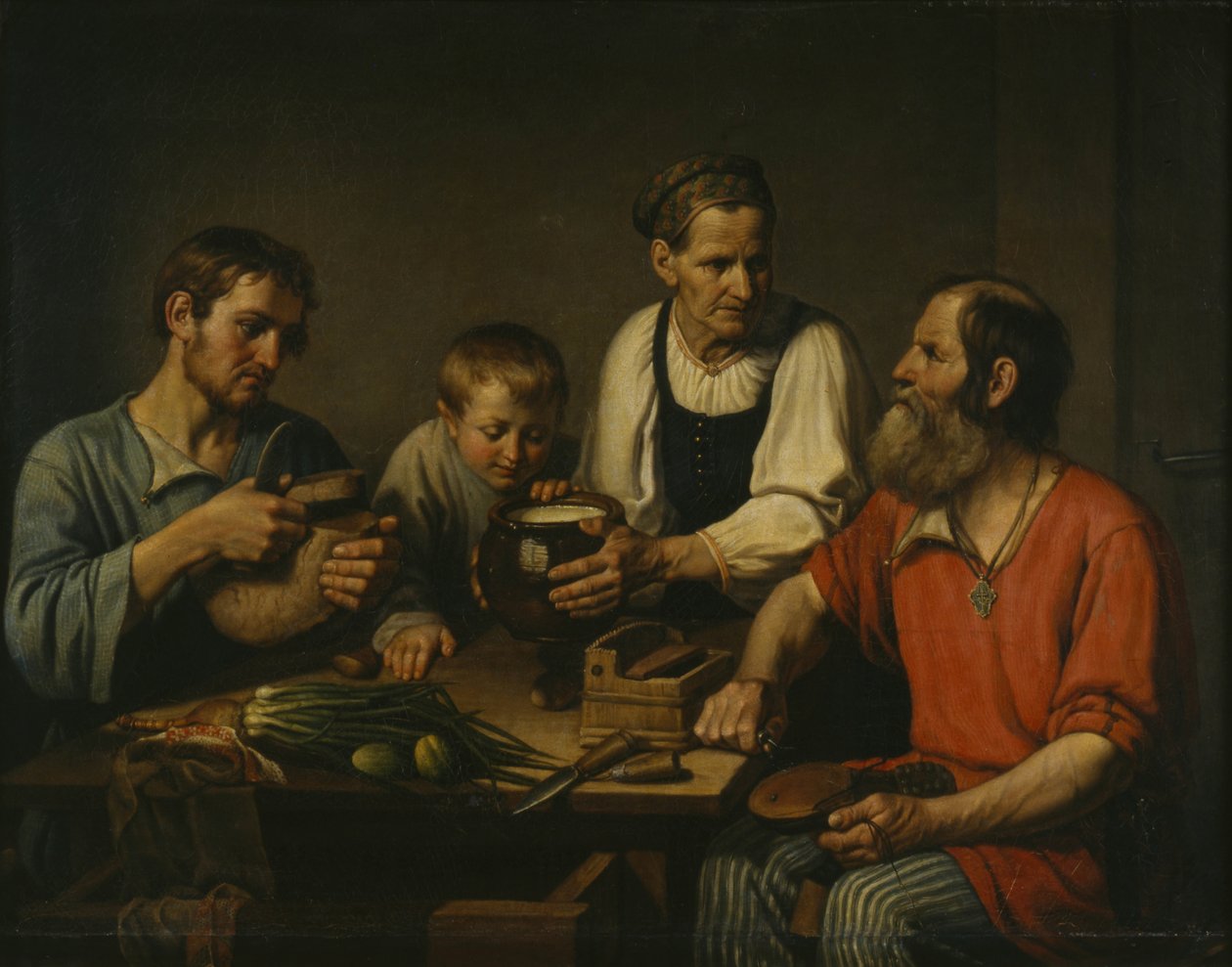 Boerenfamilie voor het diner, 1824 door Fyodor Grigoryevich Solntsev