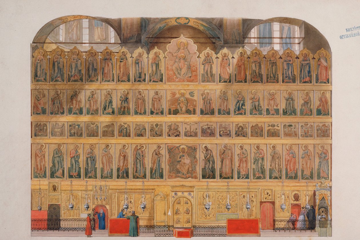 Het iconostase in de Kathedraal van de Ontslapenis in het Kremlin van Moskou door Fyodor Solntsev