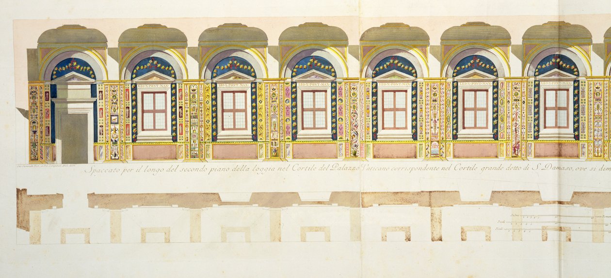 Verticale doorsnede van de tweede verdieping van de Raphael Loggia in het Vaticaan, uit 