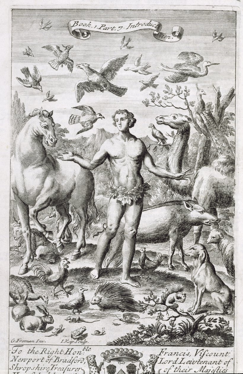 Adam in het paradijs met de dieren, illustratie bij de inleiding van Boek 1 Deel 7 van 