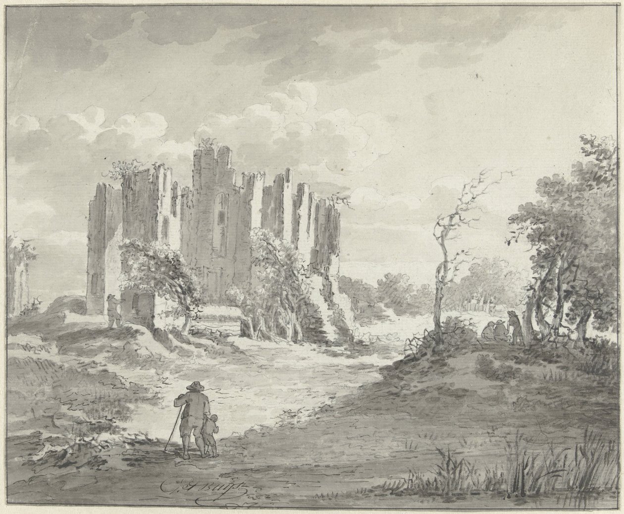 Landschap met bouwval en enige boeren door G.F. Buijs (possibly)
