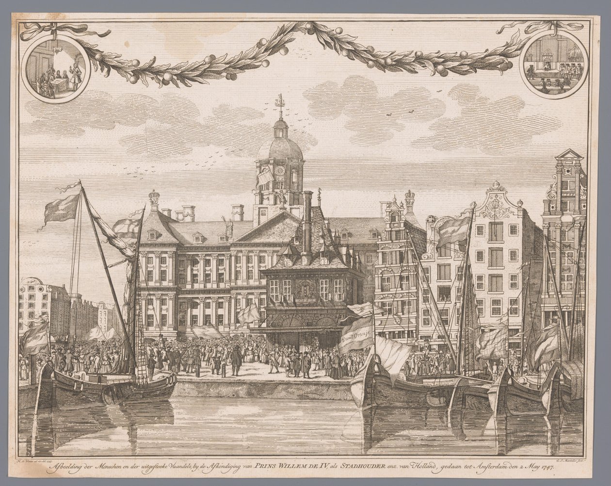 Menigte op de Dam in Amsterdam viert de afkondiging van Willem IV als stadhouder door G.J. Marstaller