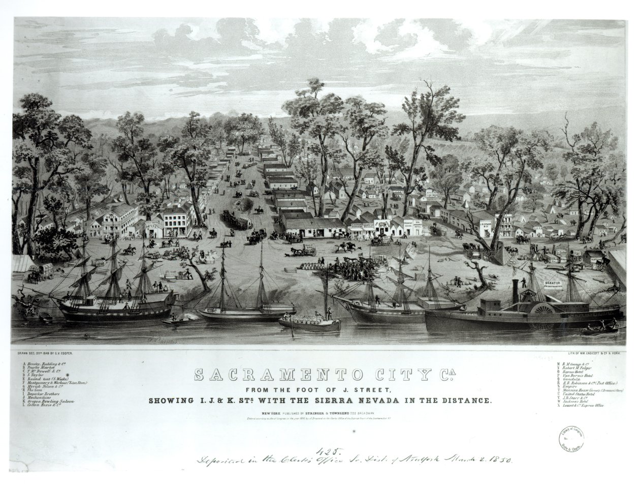 Sacramento City, Californië, vanaf de voet van J. Street met zicht op I. J. en K. Streets met de Sierra Nevada in de verte, gegraveerd door William Endicott und Co., 1849 door G.V. Cooper