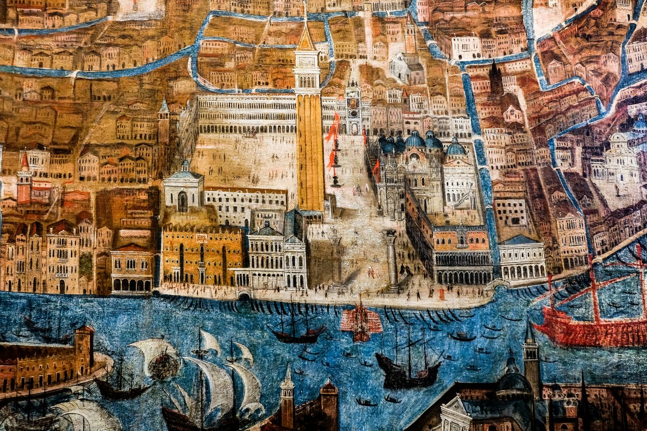 Gezicht in vogelvlucht op de stad Venetië door G. Barzenti