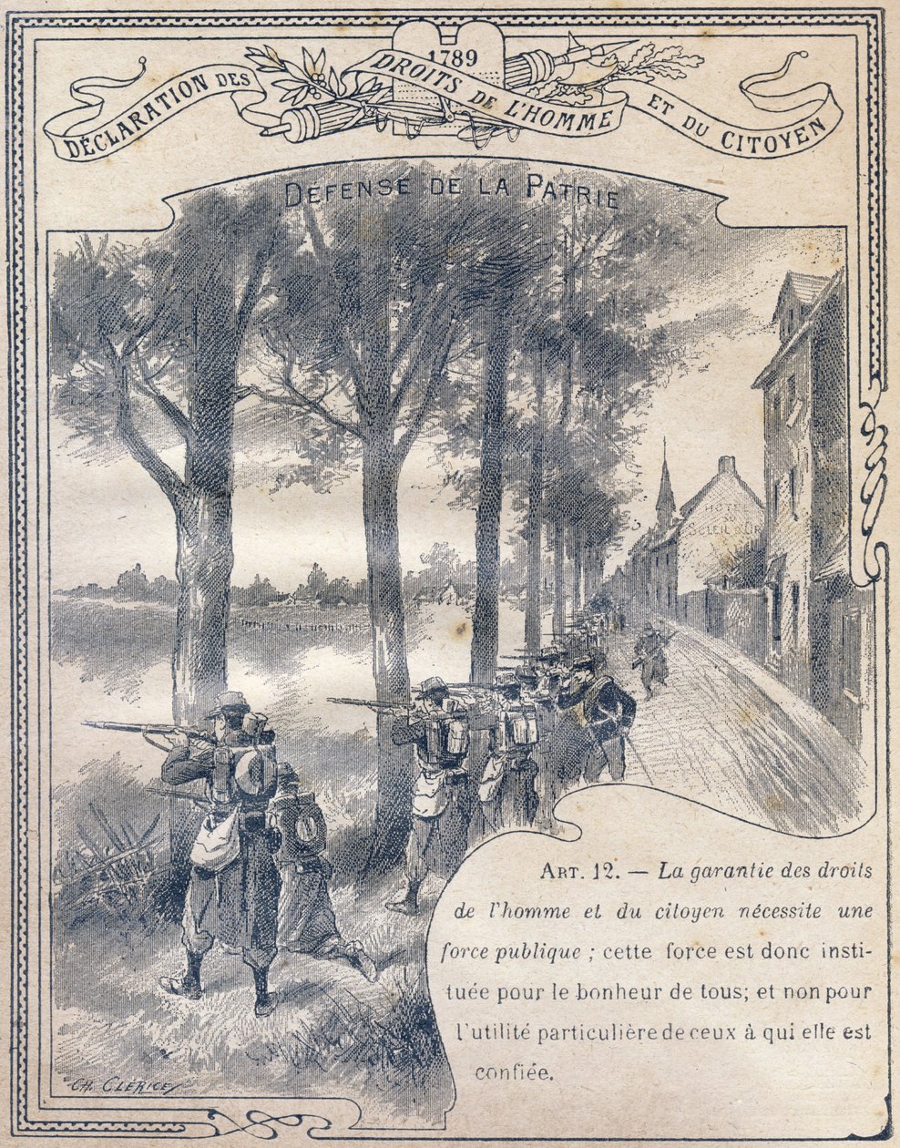 1789: Verklaring van de rechten van de mens en de burger: Verdediging van het vaderland. Gravure in "Het unieke boek van moraal en burgerlijke instructie, bestemd voor de leerlingen van de drie cursussen van de lagere school en voor de lagere klassen van d door G. Dascher